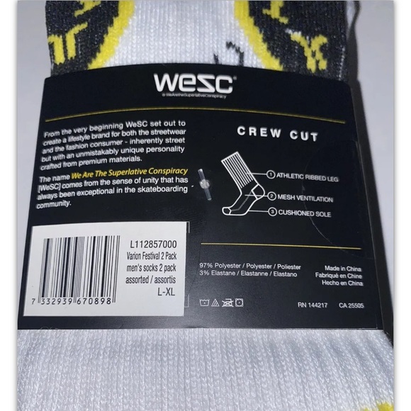 WeSC Varion Crew Socks 2 Pair Men 9.5-14 W 11-15.5 Black White Area51 Alien Logo - Picture 4 of 12